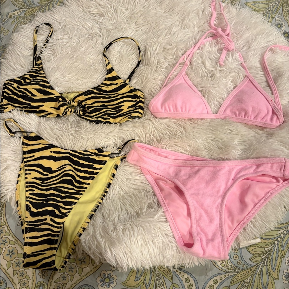 Yellow Black Zebra Bikini + Light Pink Triangle Bikini Set